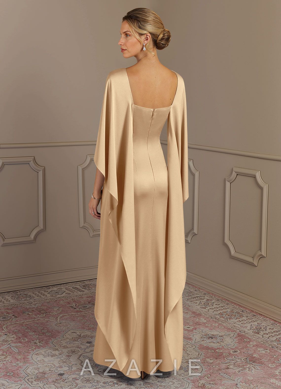 Azazie Eli Champagne Sheath Boatneck Stretch Satin Dress champagne