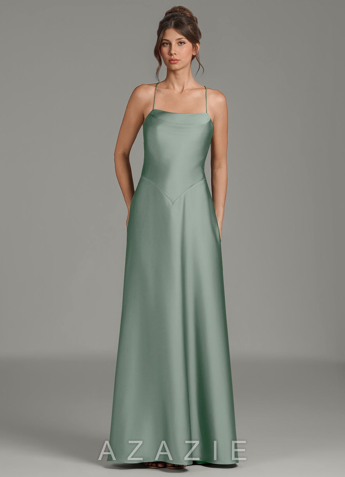 Azazie Eris Agave A-Line Pleated Stretch Satin Dress