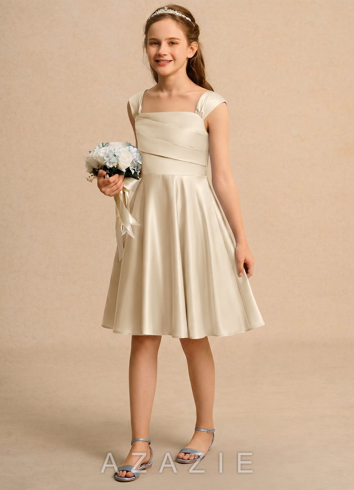 Azazie Budle Girls Formal Champagne A-Line Pleated Matte Satin Dress champagne