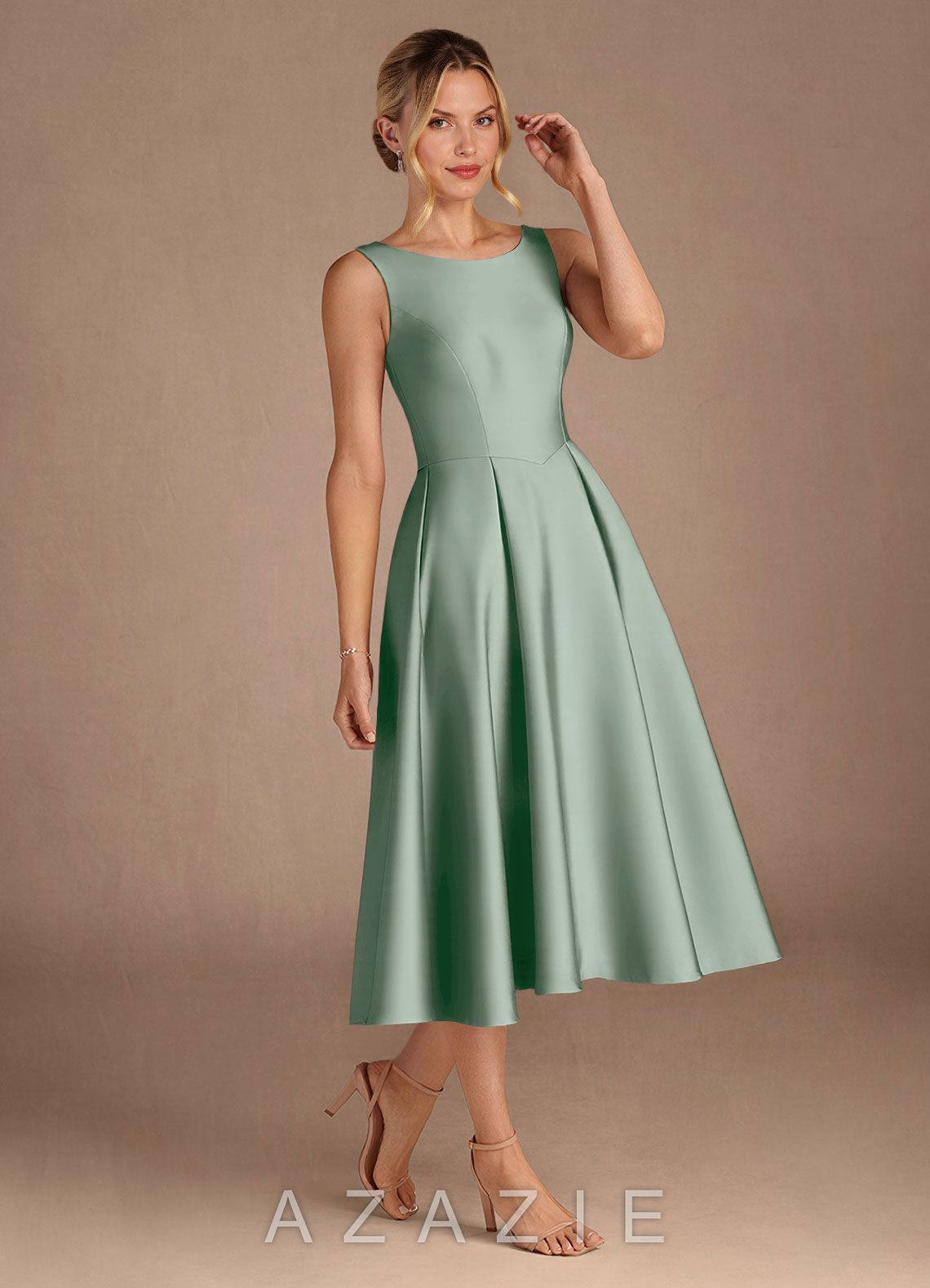 Azazie Fulton Agave A-Line Pleated Stretch Satin Dress agave