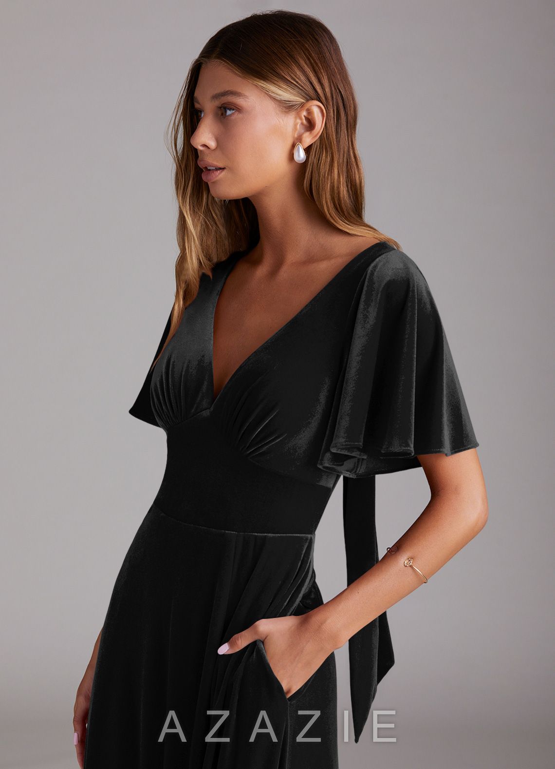 Azazie Kimber Black A-Line with Pockets Velvet Dress black
