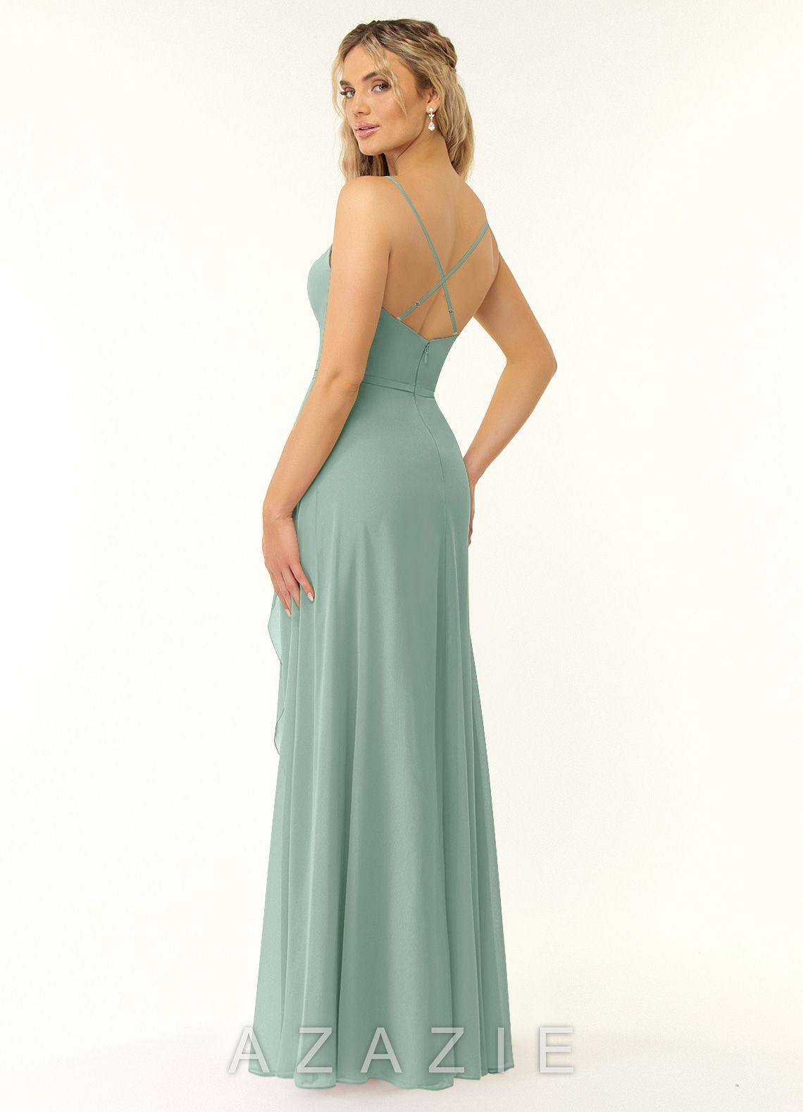 Azazie Naeem Agave A-Line V-Neck Ruffle Chiffon Dress agave
