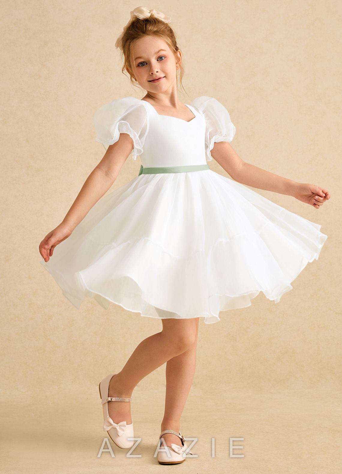 Azazie Debbie Ivory Dusty Sage Ball-Gown Sweetheart Neckline Organza Dress ivory/dusty_sage