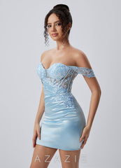 Justine Blue Off Shoulder Satin Lace Lace-Up Mini Dress