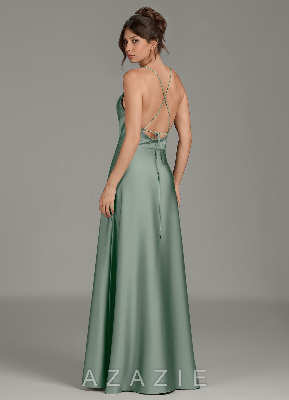 Azazie Eris Agave A-Line Pleated Stretch Satin Dress agave