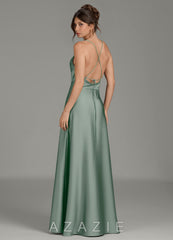 Azazie Eris Agave A-Line Pleated Stretch Satin Dress agave