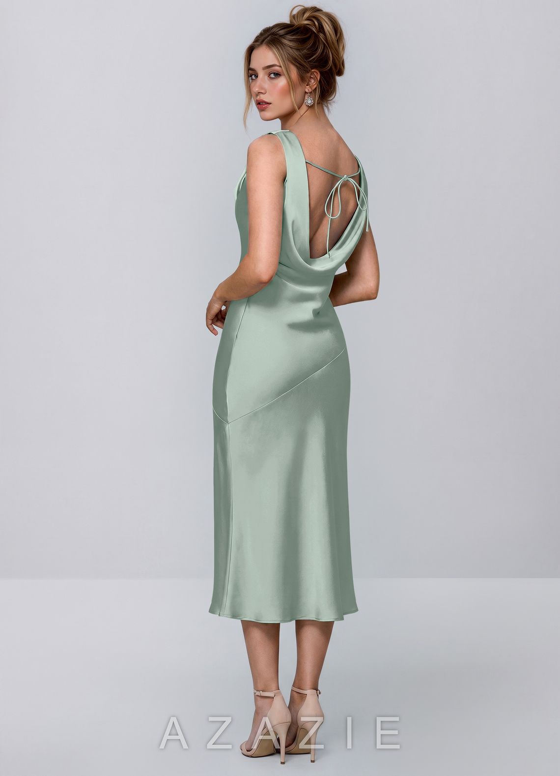 Inez Agave Green Cowl Satin Tie-Back Midi Dress