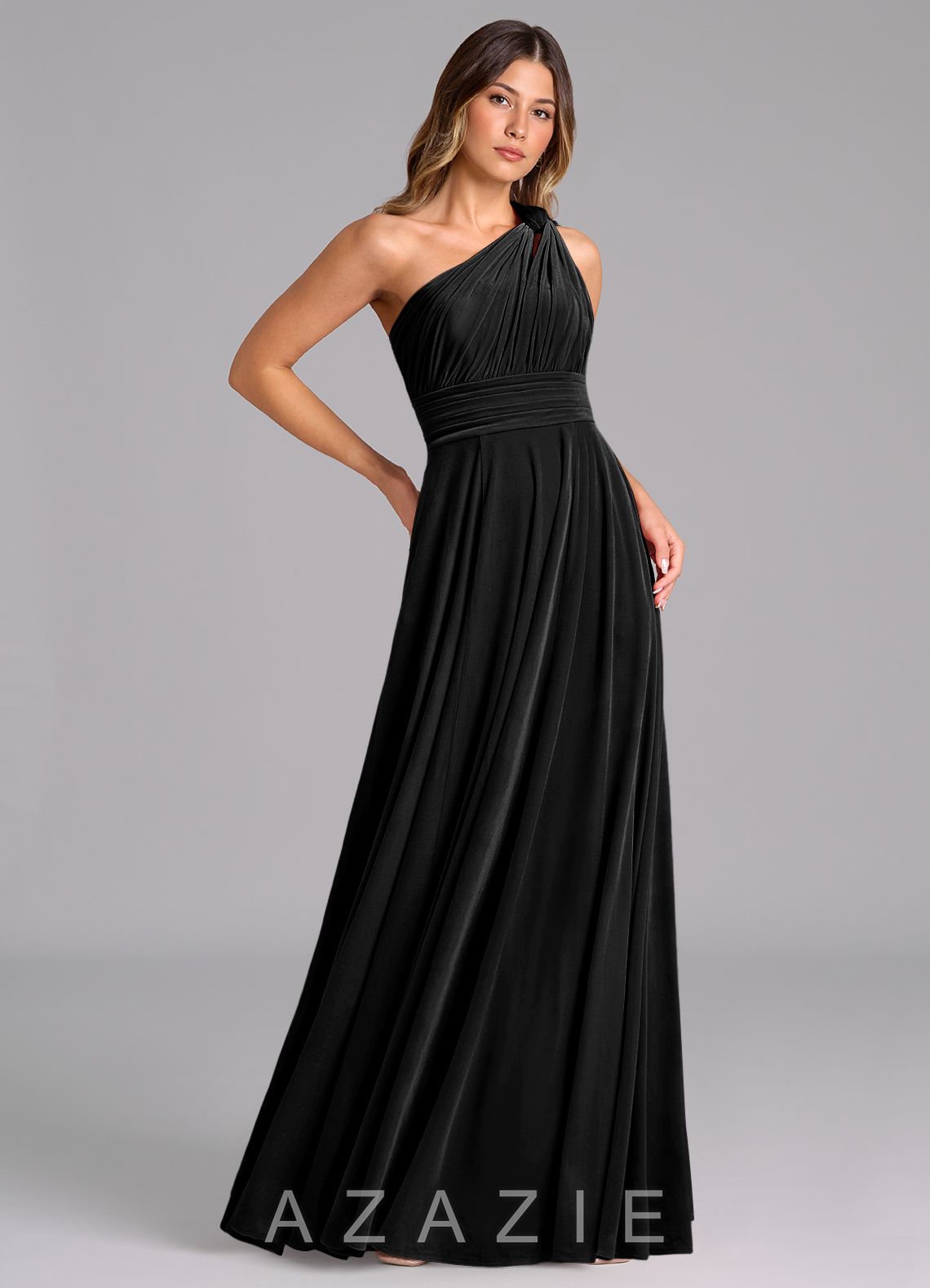 Azazie Charlize Black A-Line One Shoulder Velvet Dress black