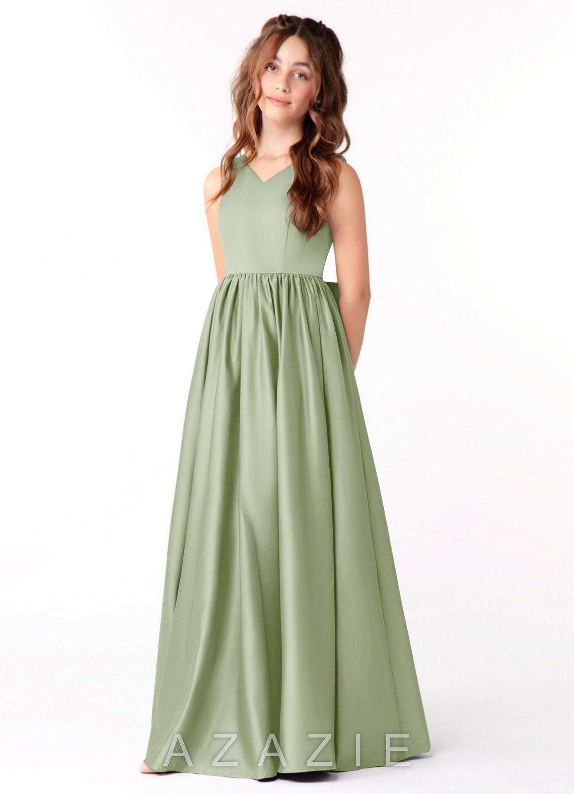 Azazie Hathaway Junior Dusty Sage A-Line Bow Stretch Satin Dress dusty_sage