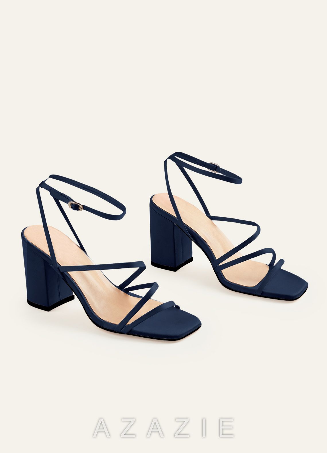 Matching Color Matte Satin Ankle Strap Block Heel Sandals  dark_navy