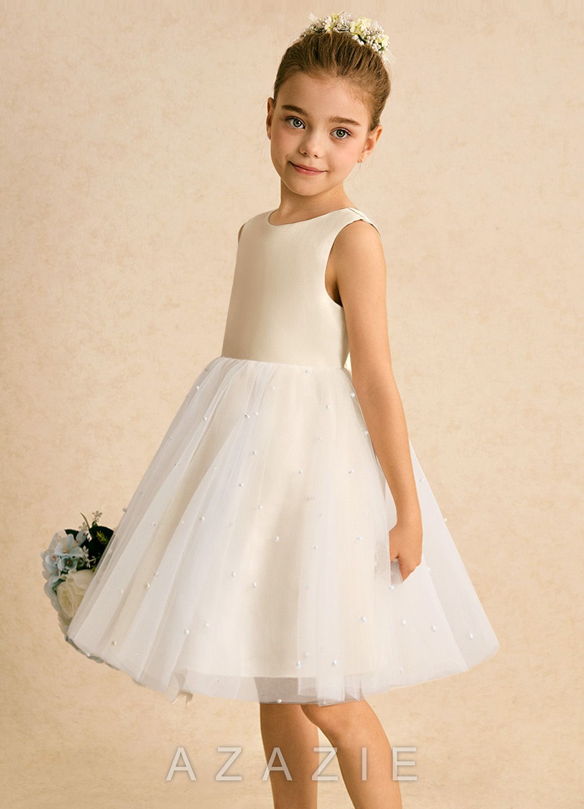Azazie Esme Champagne Ball-Gown Bow Tulle Dress champagne