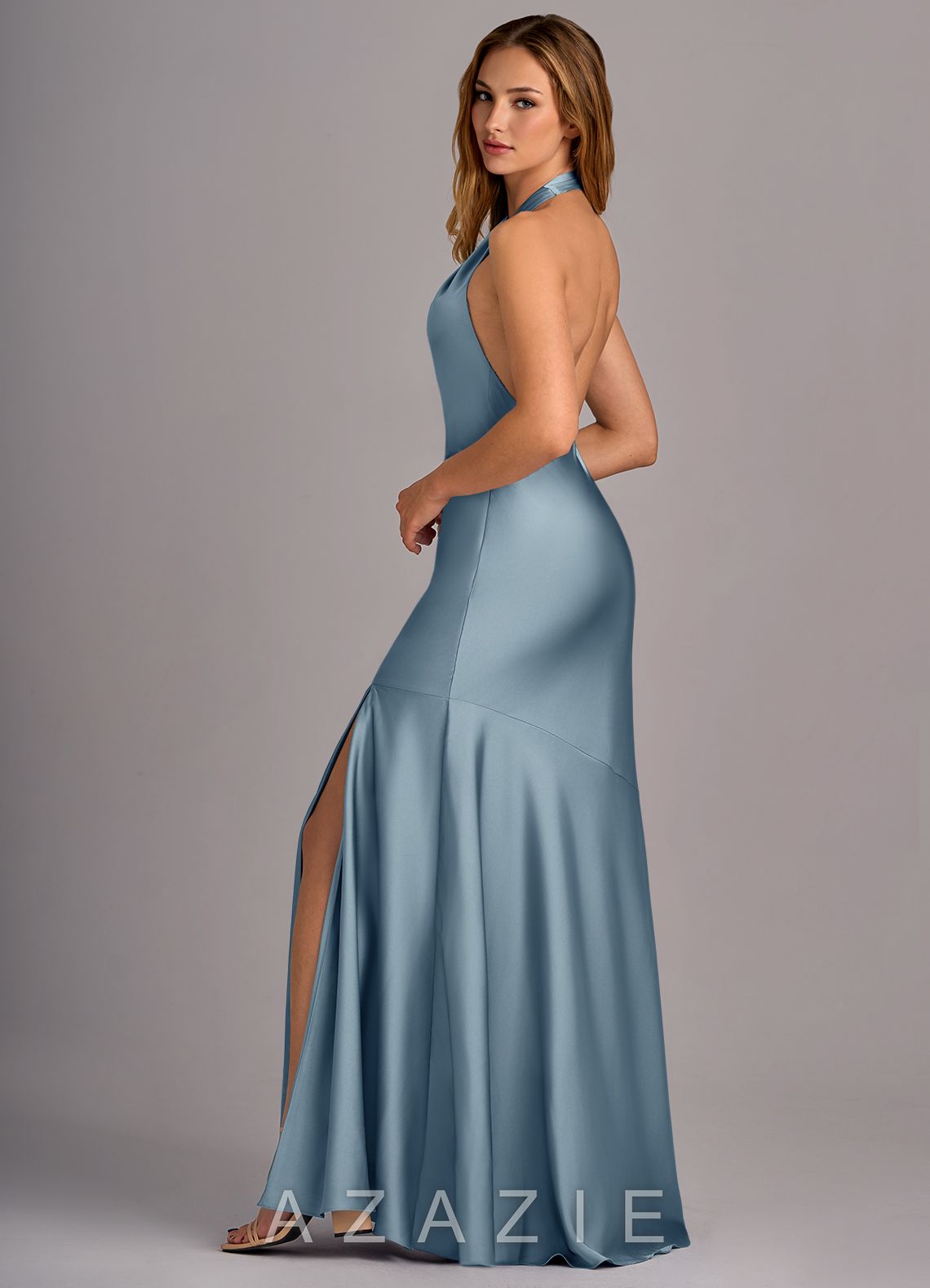 Azazie Lorena Dusty Blue Mermaid Pleated Stretch Satin Dress dusty_blue