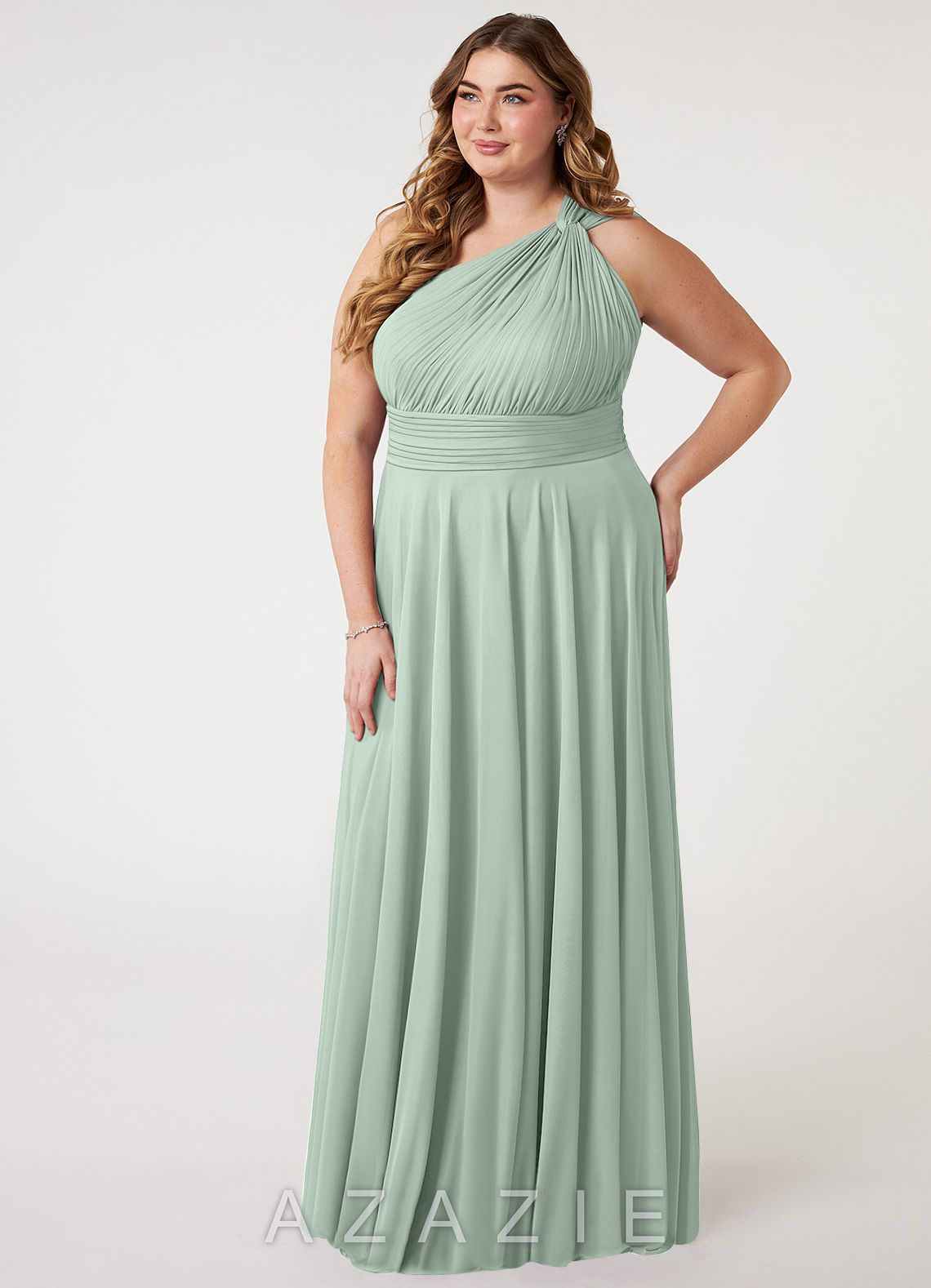 Azazie Charlize Agave A-Line One Shoulder Mesh Dress agave