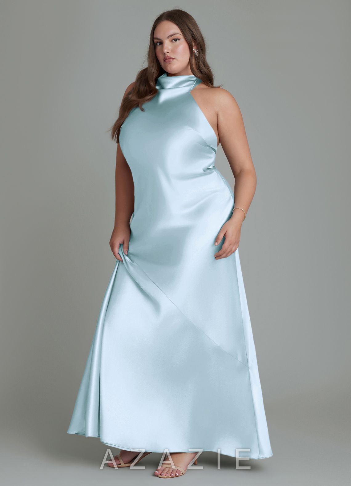 Azazie Velli Sky Blue Sheath High Neck Metallic Satin Dress sky_blue