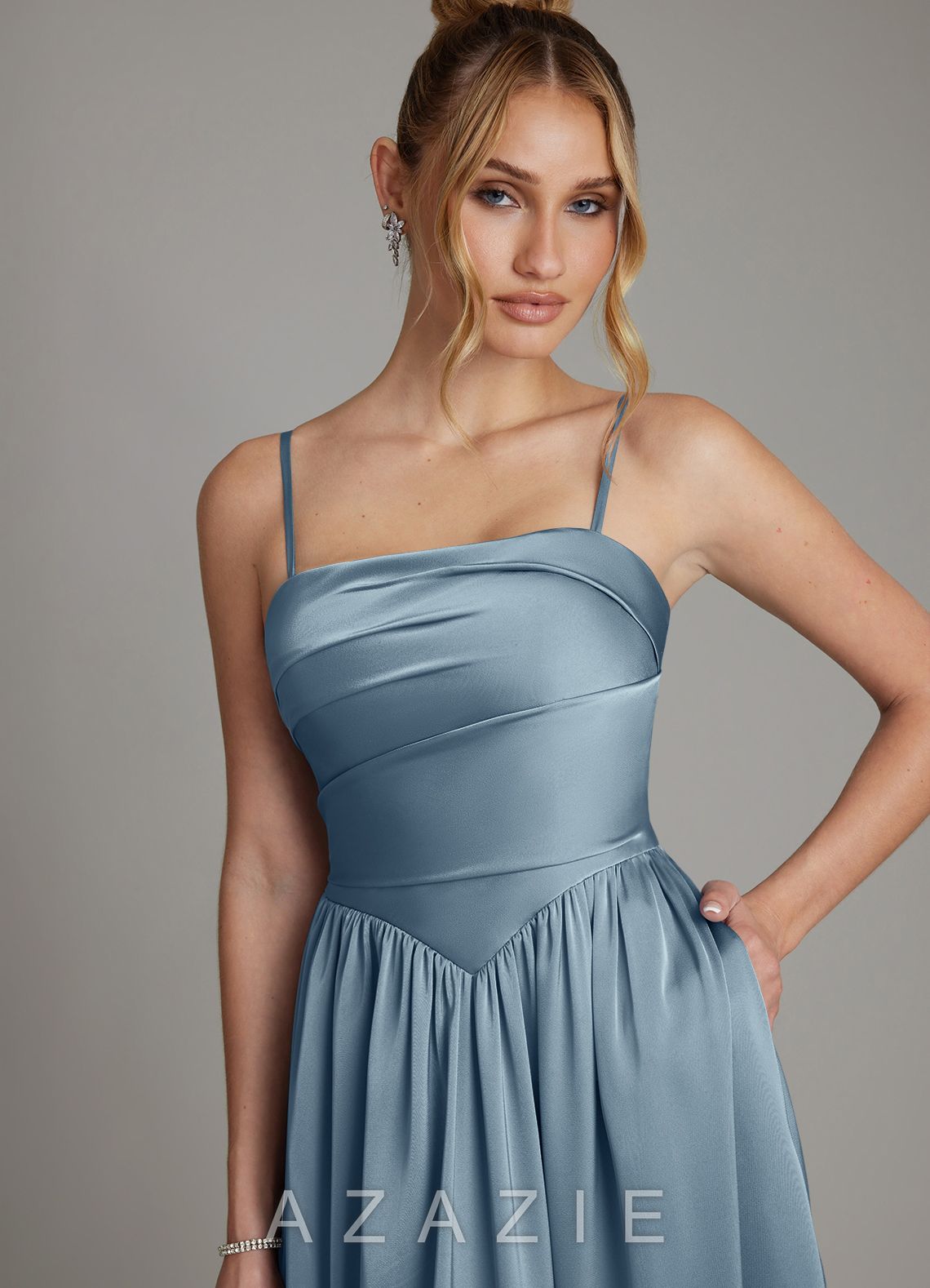 Azazie Zena Dusty Blue A-Line Strapless Stretch Satin Dress dusty_blue