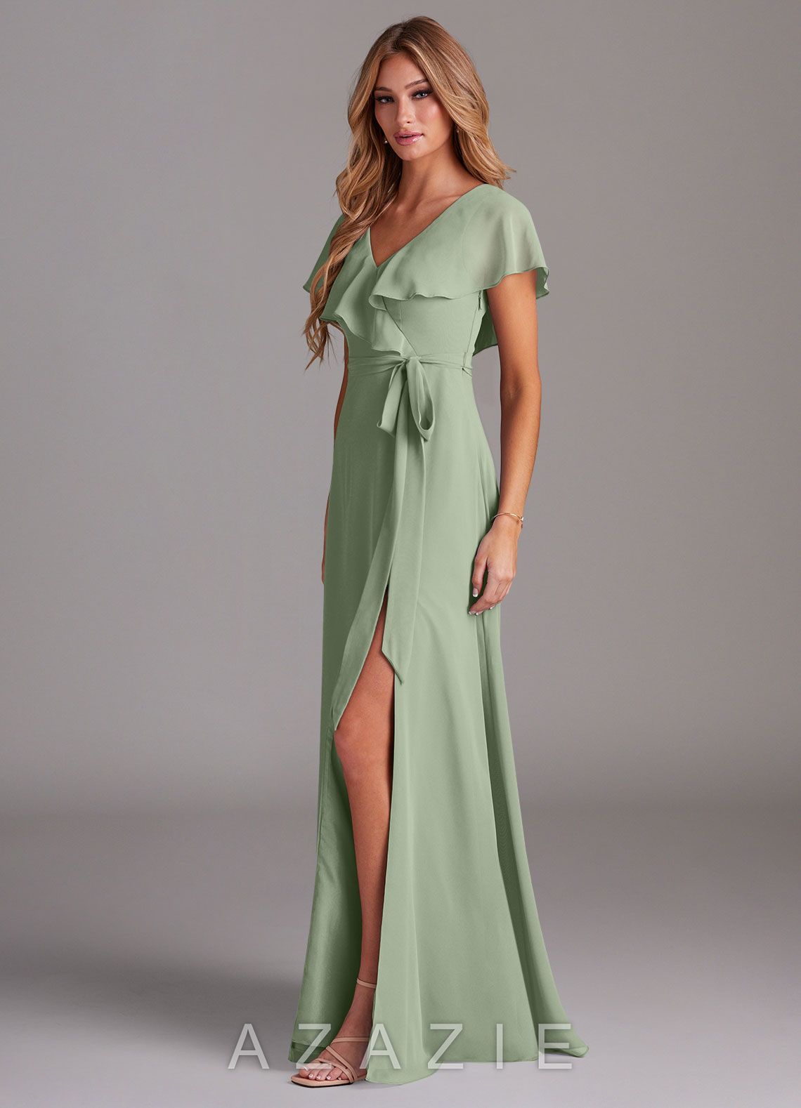 Azazie Lainey Dusty Sage A-Line with Pockets Chiffon Dress dusty_sage