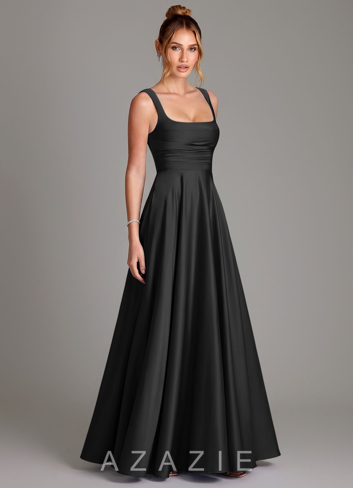Azazie Azaria Black A-Line Corset Stretch Satin Dress