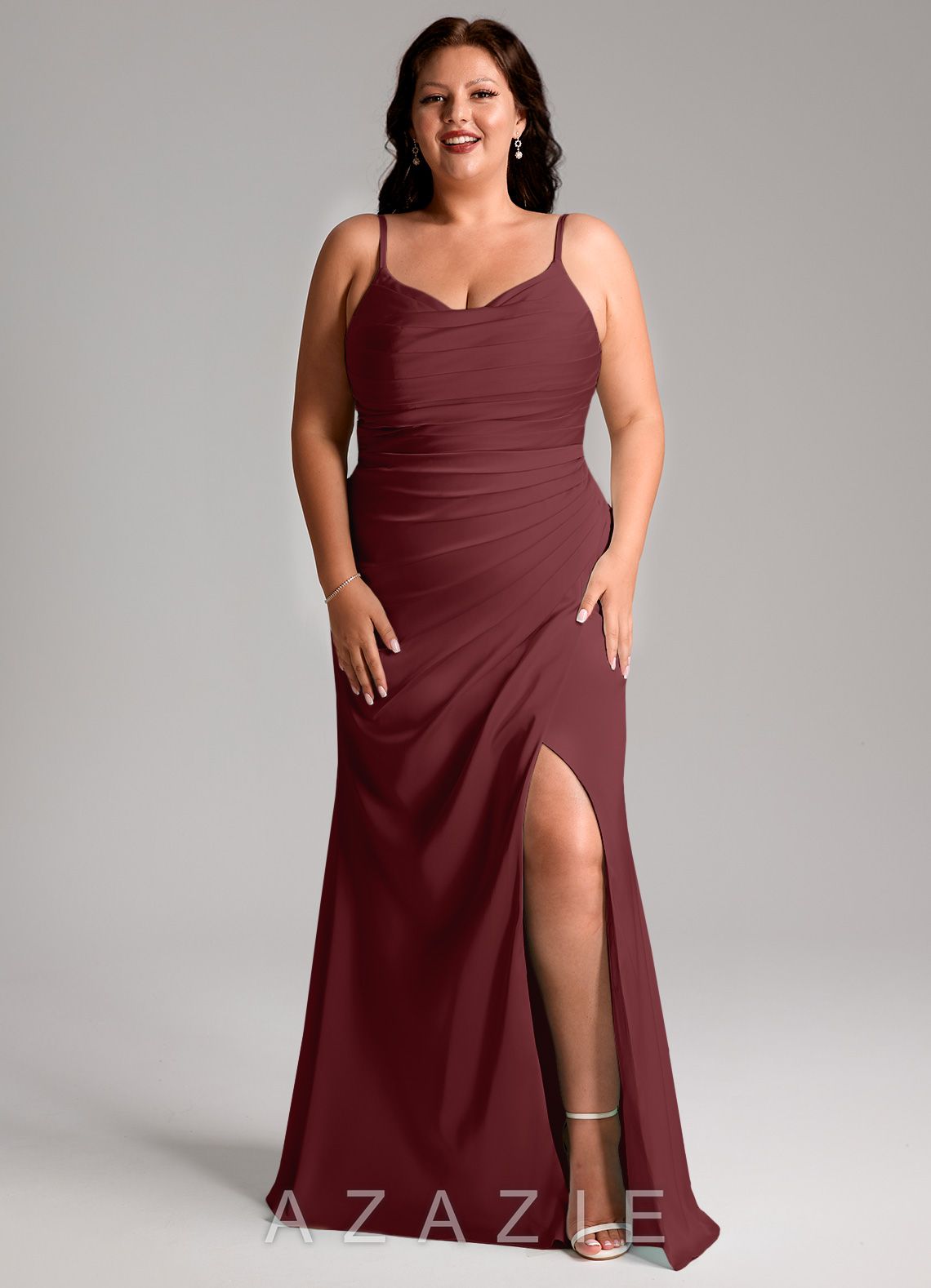 Azazie Deandra Cabernet Mermaid Pleated Stretch Satin Dress cabernet