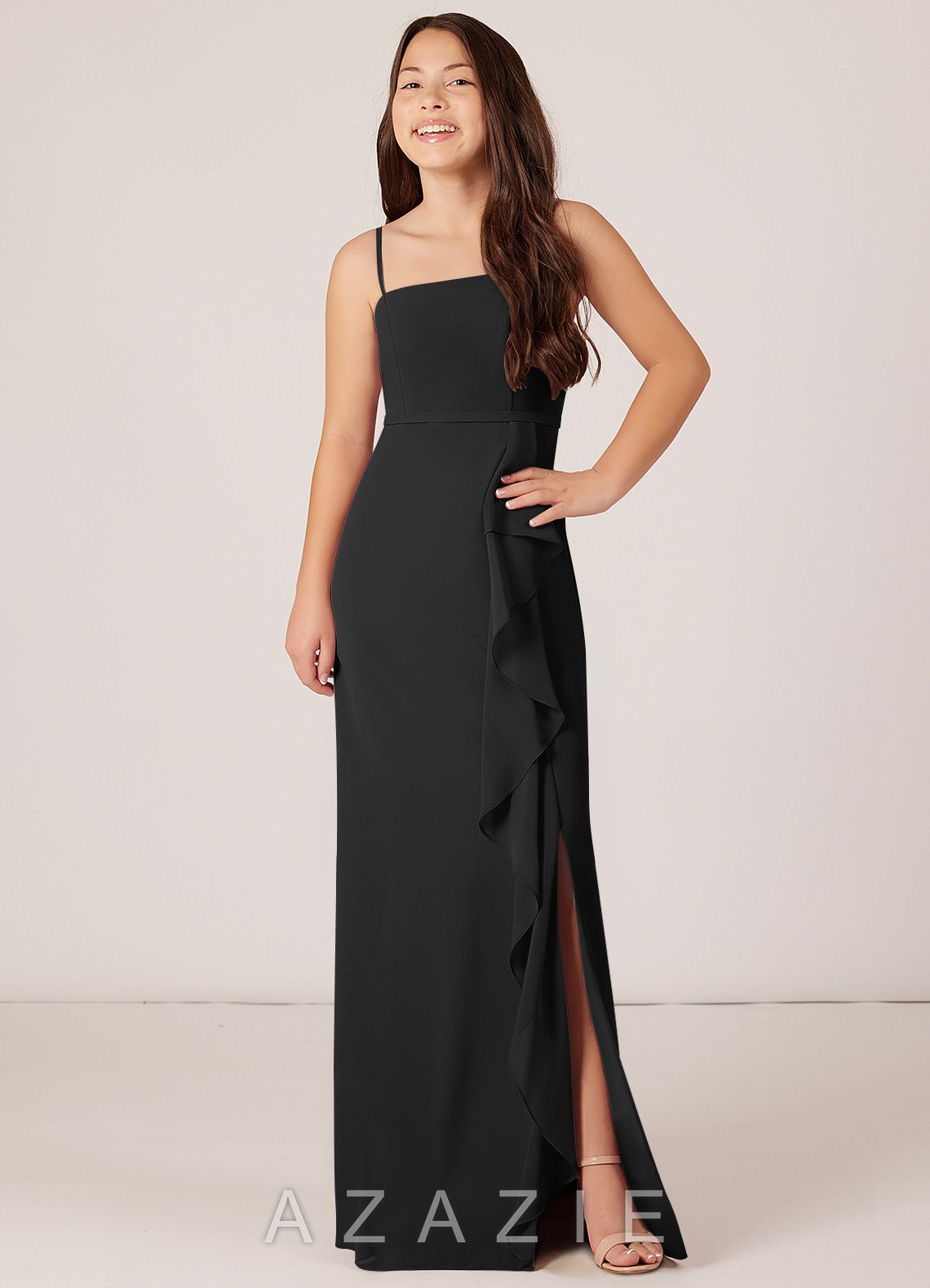 Azazie Kaylee Junior Black A-Line Side Slit Chiffon Dress black