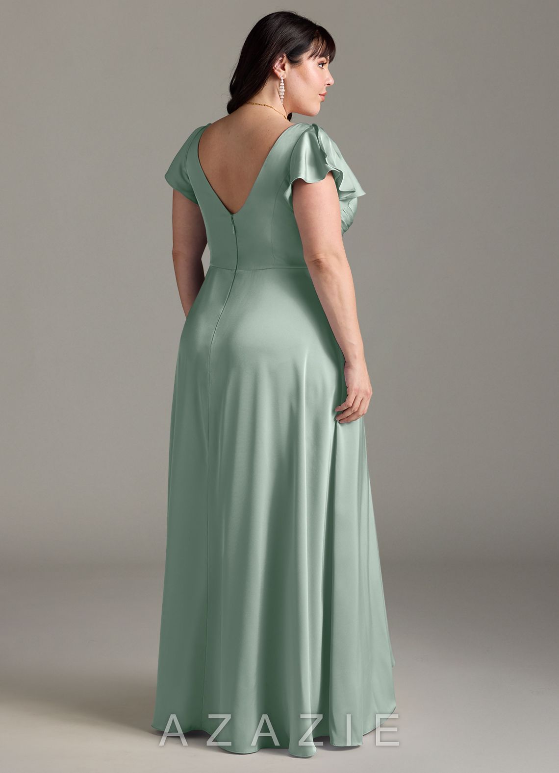 Azazie Omari Agave A-Line Stretch Satin Dress agave