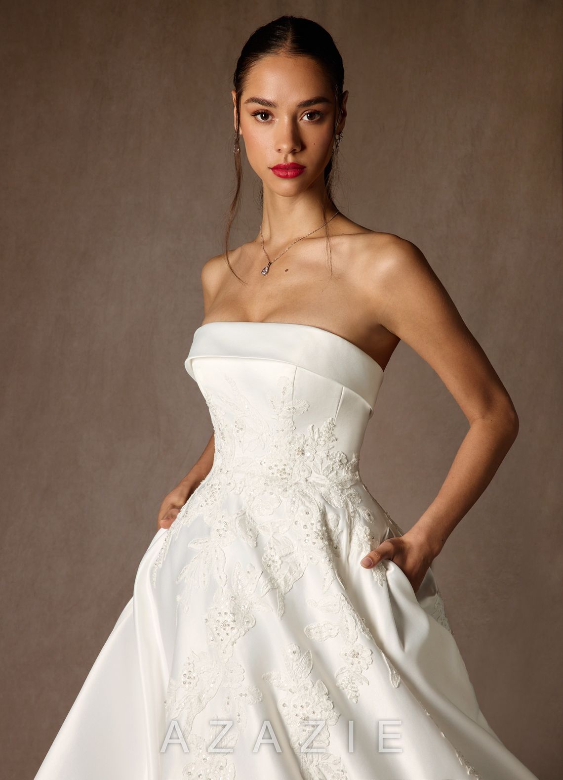 Azazie Fernanda Diamond White Ball-Gown Strapless Satin Dress diamond_white