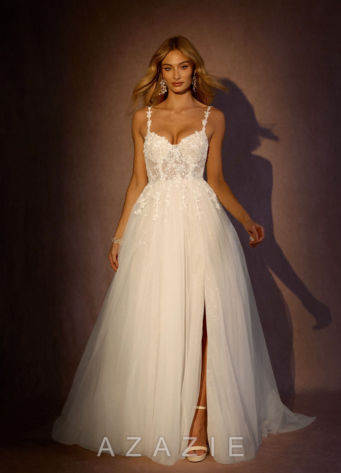 Azazie Florian Wedding Dress Diamond White A-Line V-Neck Sequins Tulle Dress