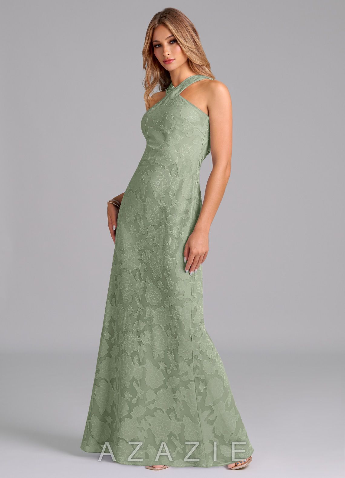 Azazie Doretta Agave Mermaid Pleated Floral Burnout Dress agave