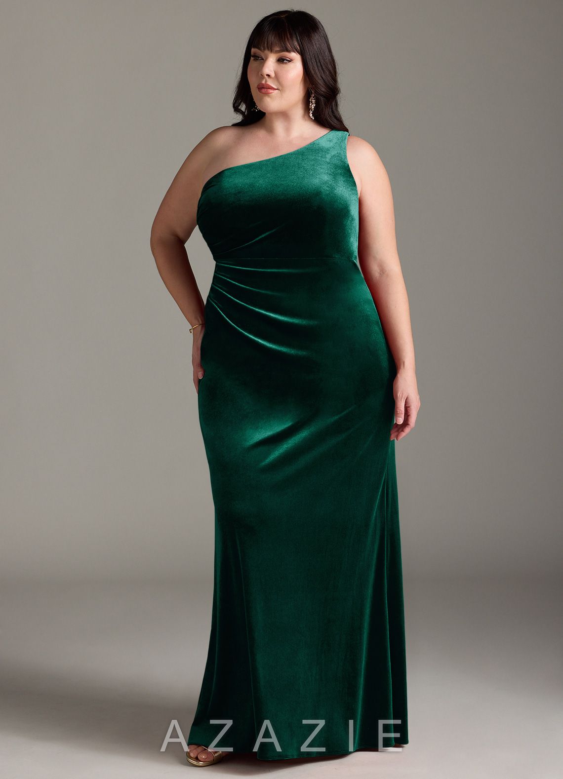 Azazie Argan Emerald Mermaid One Shoulder Pleated Velvet Dress emerald