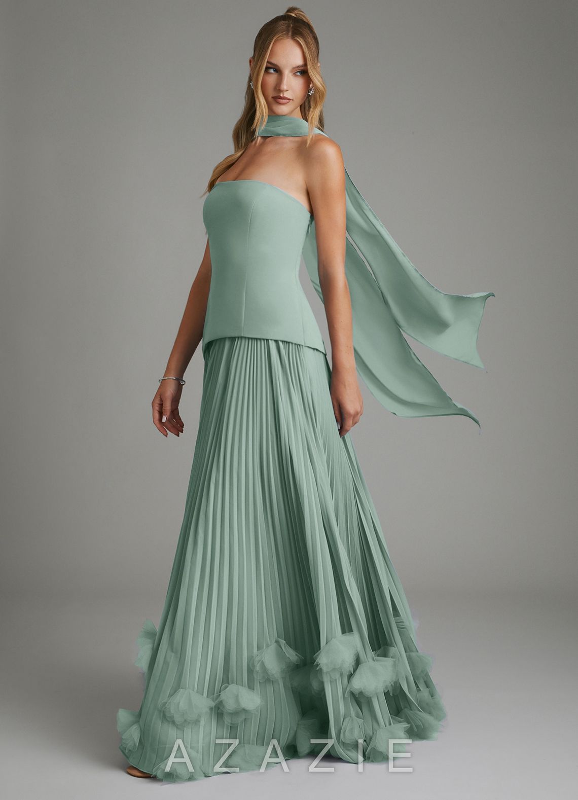Azazie Alex Agave A-Line Corset Chiffon Dress agave