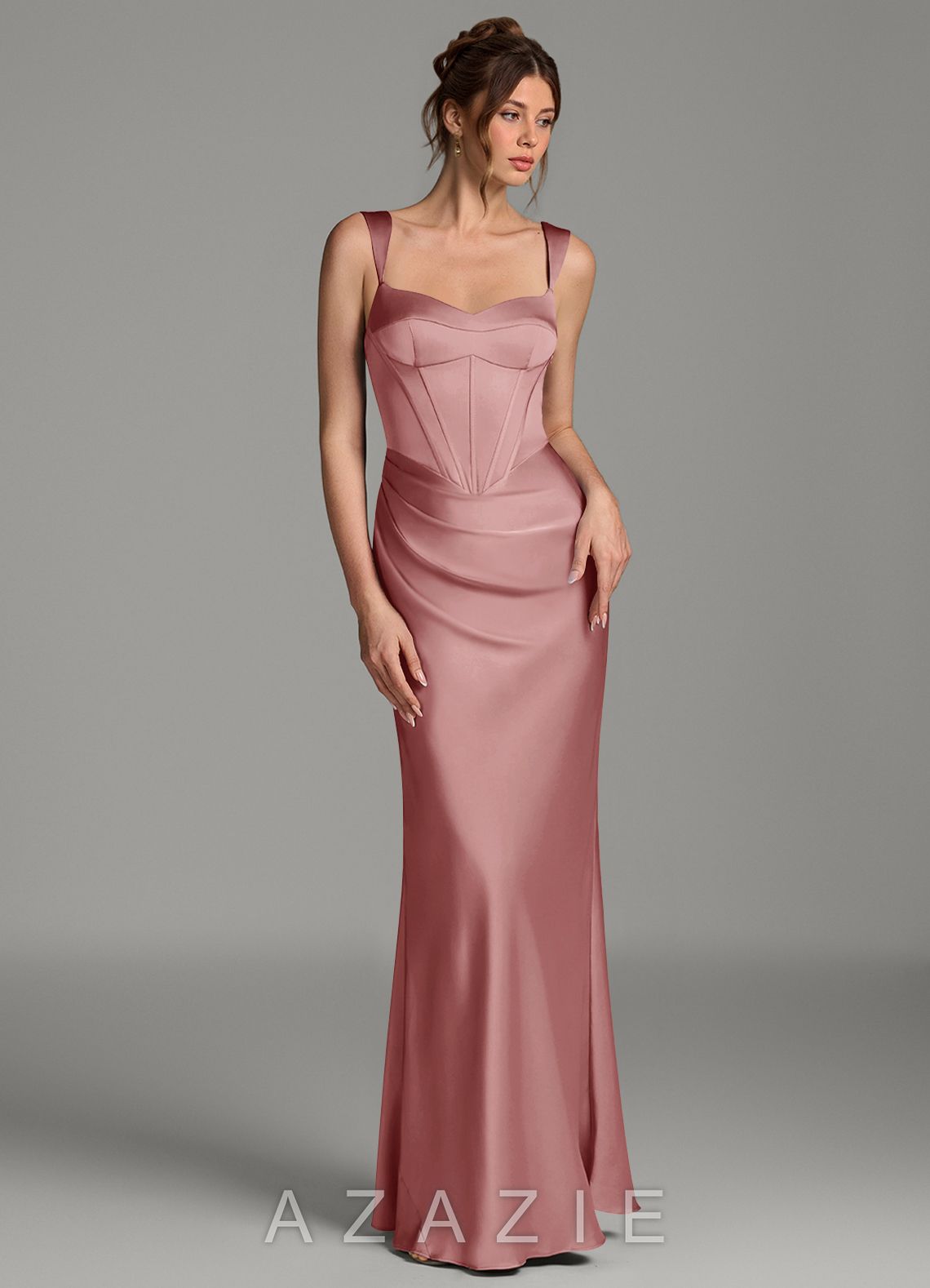 Azazie Mela Dusty Rose Sheath Corset Stretch Satin Dress dusty_rose