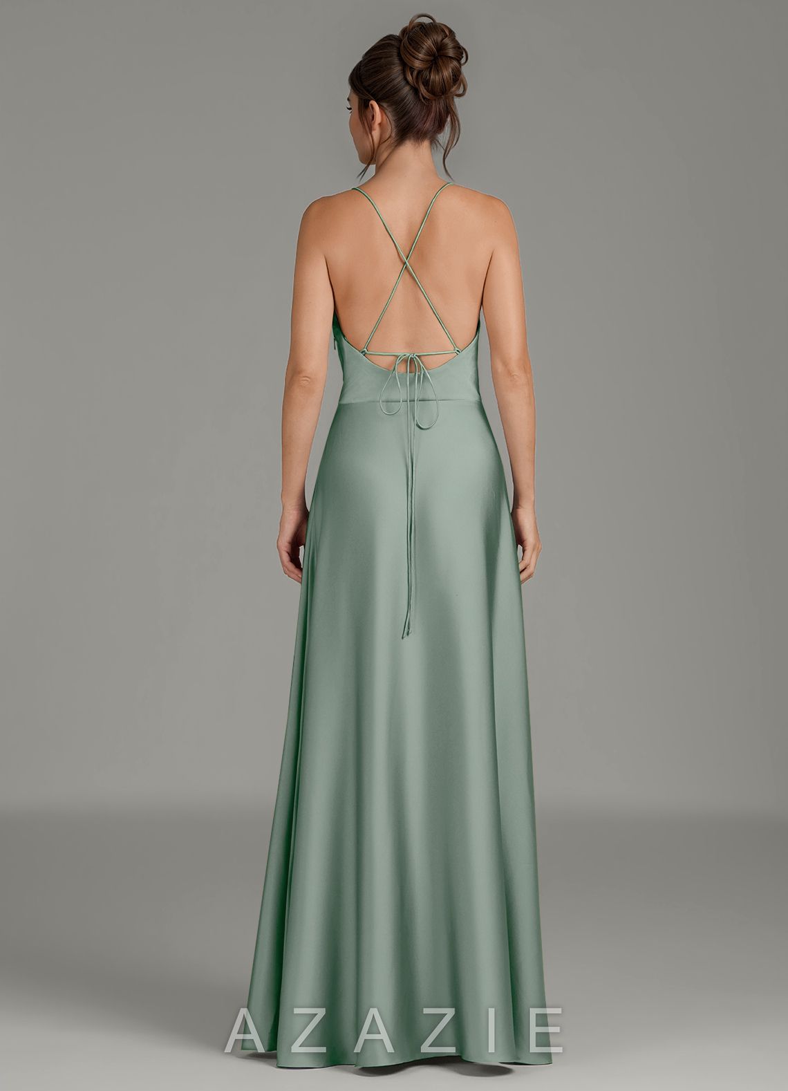 Azazie Eris Agave A-Line Pleated Stretch Satin Dress agave