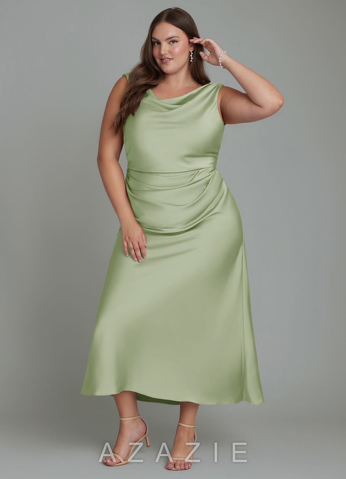Azazie Kieryn Dusty Sage Mermaid Pleated Stretch Satin Dress dusty_sage