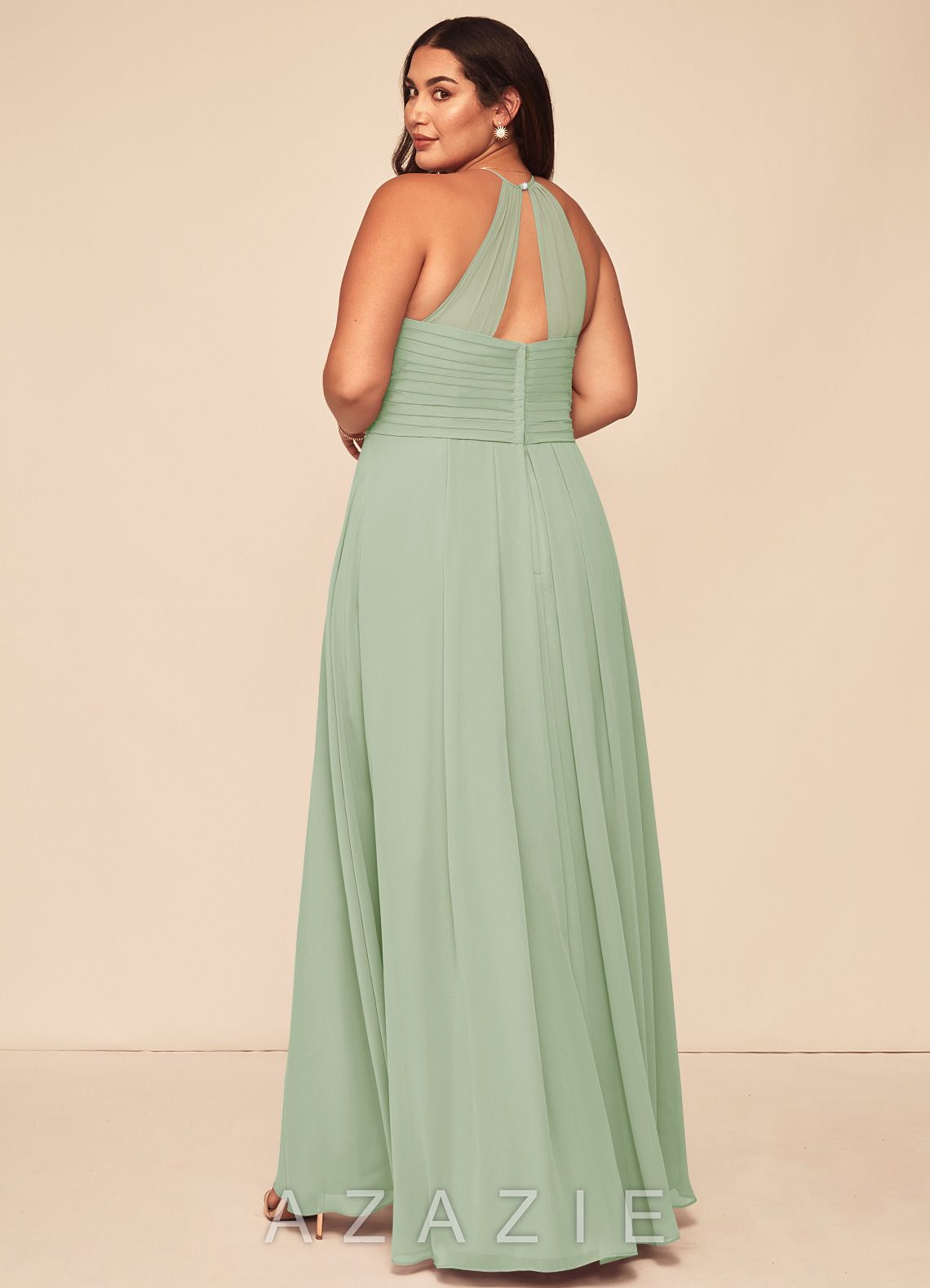 Azazie Ginger Dusty Sage A-Line Halter Pleated Chiffon Dress dusty_sage