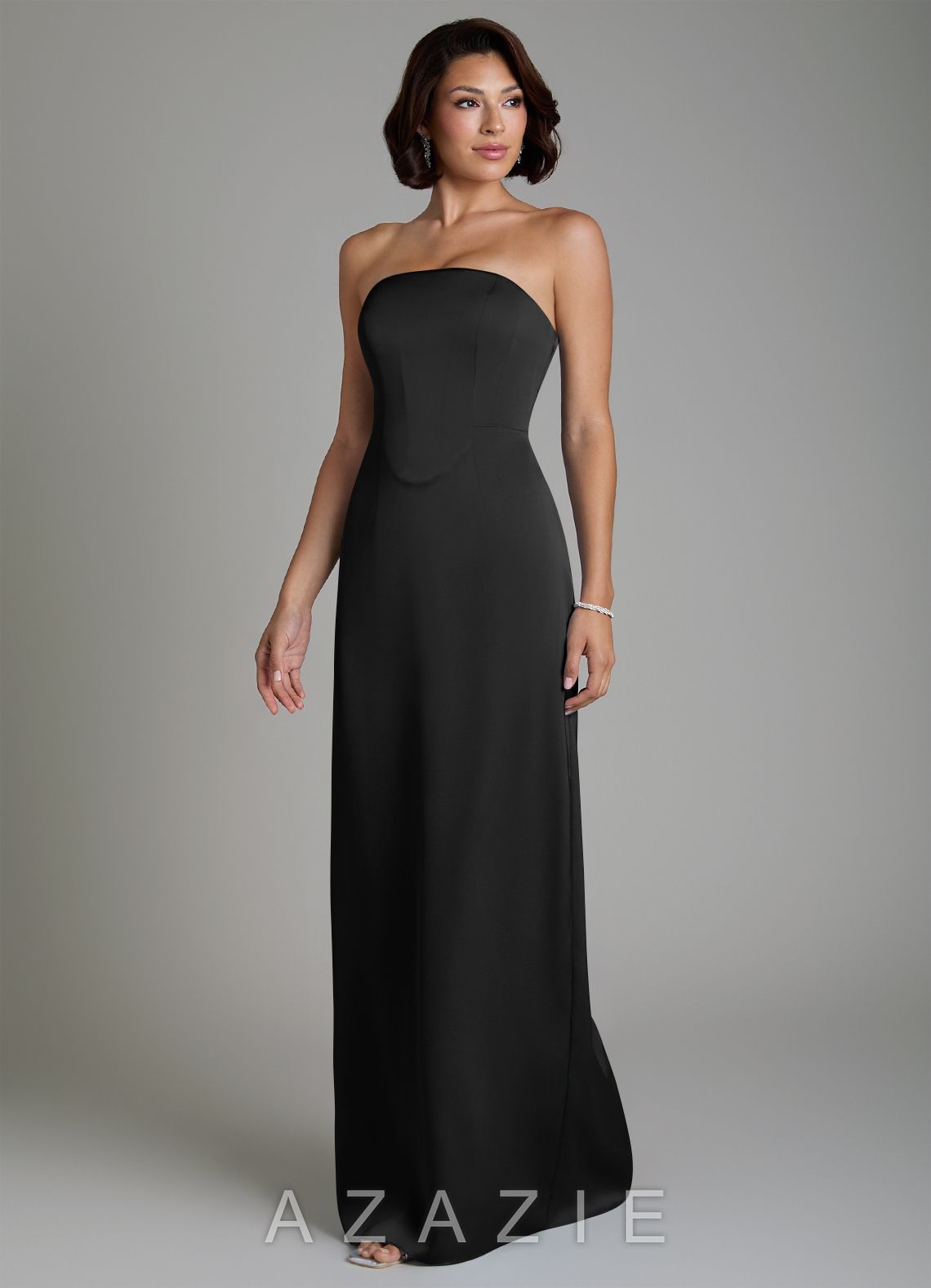 Azazie Fallyn Black Sheath Corset Stretch Satin Dress black