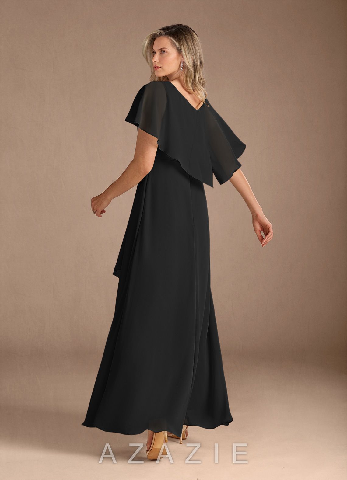 Azazie Eliza Black A-Line V-Neck Pleated Chiffon Dress black
