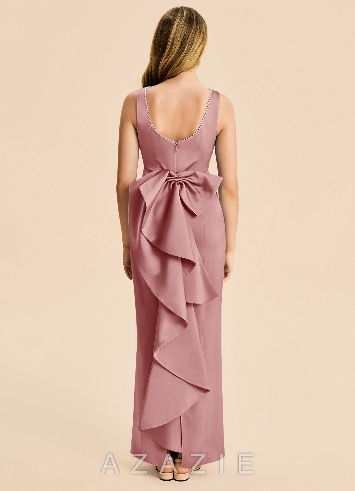 Azazie Emi Junior Dusty Rose Sheath Bow Stretch Satin Dress dusty_rose