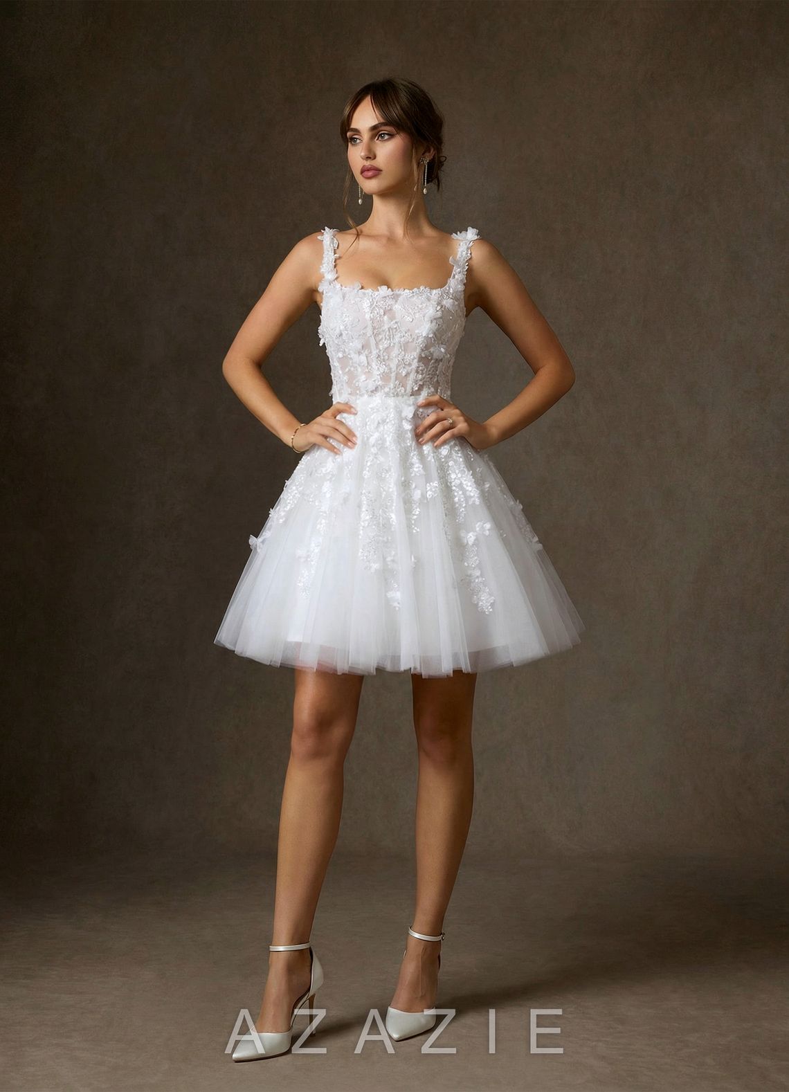 Azazie Sabine Diamond White A-Line Square Neckline Lace Dress diamond_white