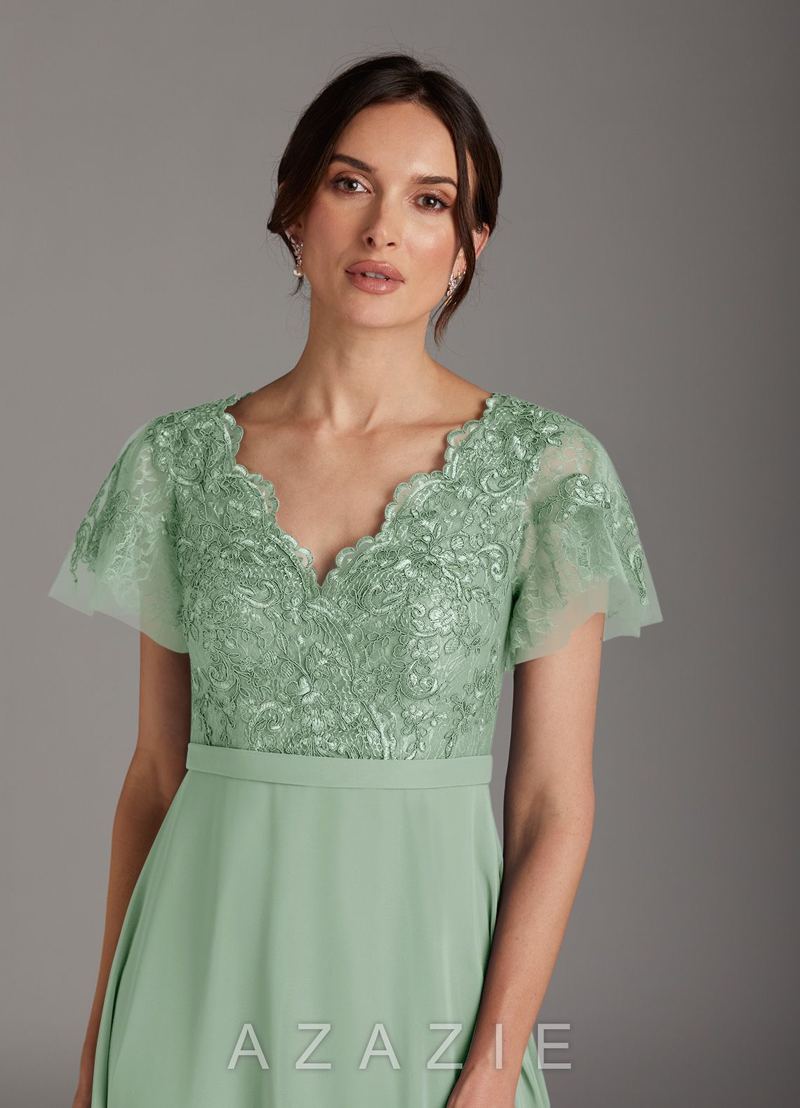 Azazie Singer Agave A-Line V-Neck Lace Chiffon Dress agave