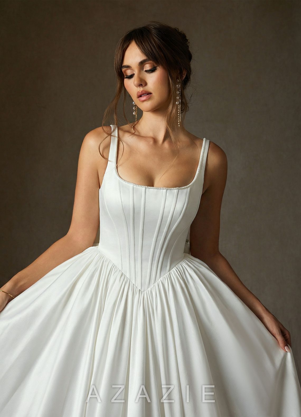 Azazie Cyanne Diamond White Ball-Gown with Pockets Stretch Satin Dress diamond_white
