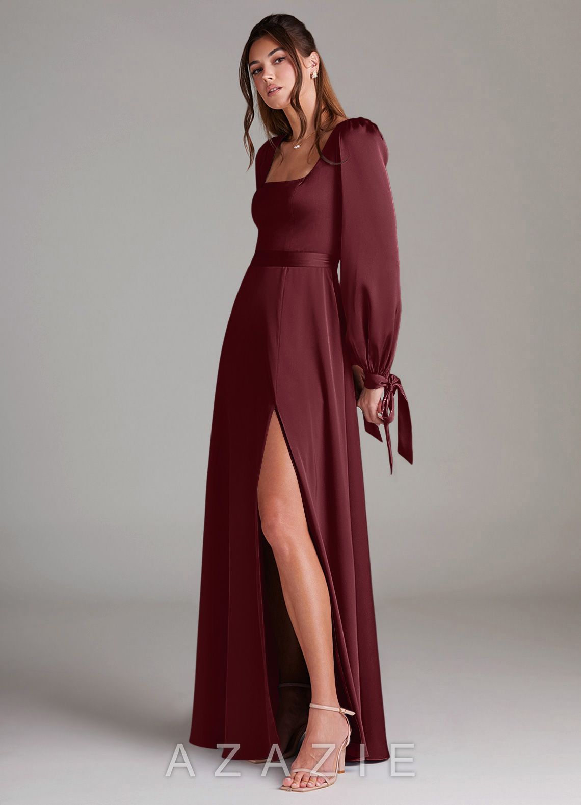 Azazie Leonia Cabernet A-Line Long Sleeve Stretch Satin Dress cabernet