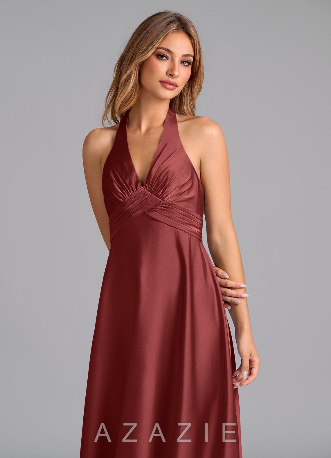 Azazie Tessie Terracotta A-Line Pleated Stretch Satin Dress terracotta