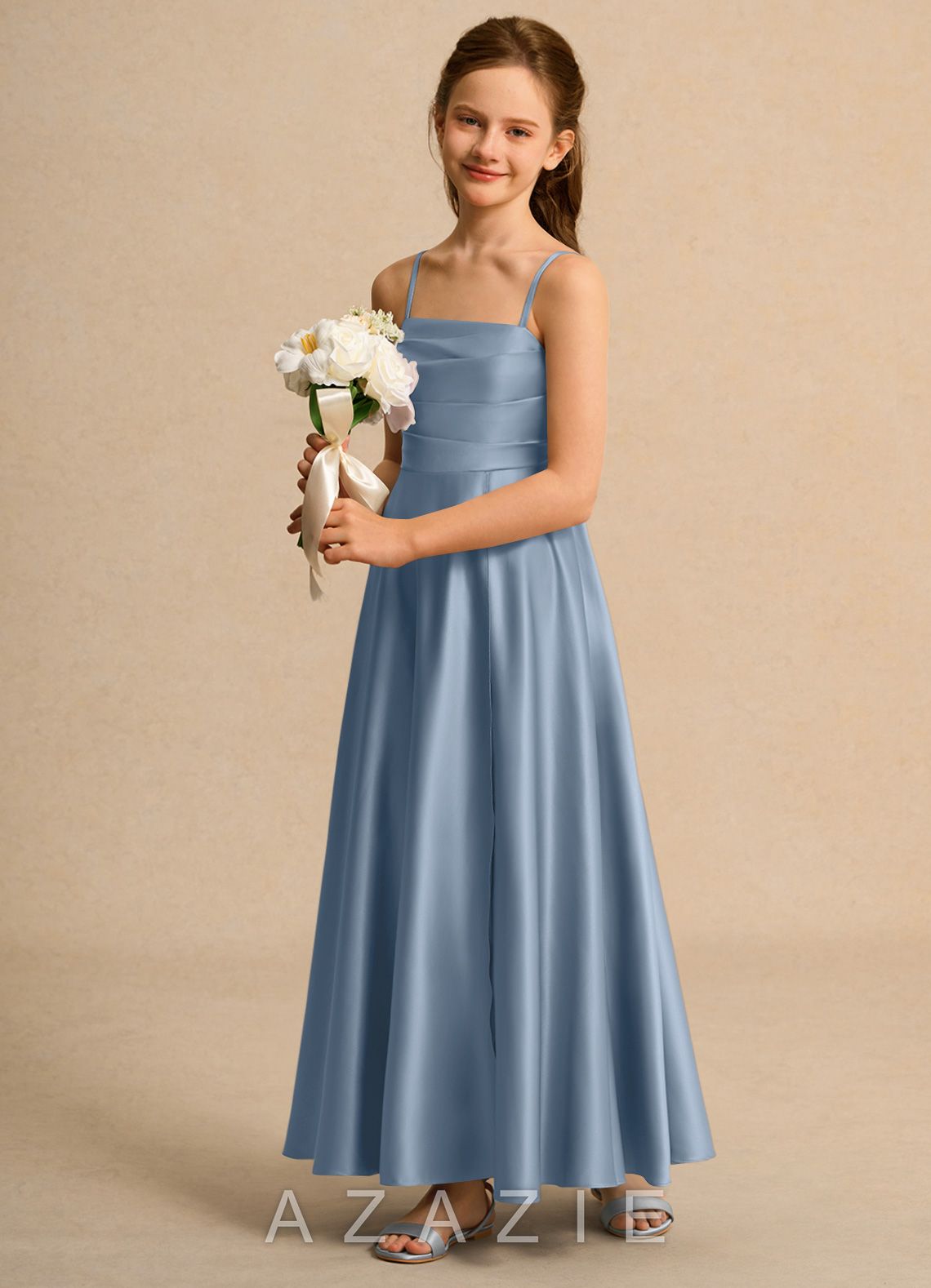 Azazie Pebbles Girls Formal Dusty Blue A-Line Pleated Matte Satin Dress dusty_blue