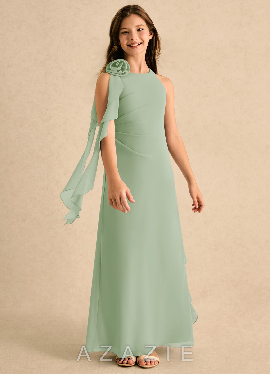 Azazie Manny Girls Formal Dusty Sage A-Line Pleated Chiffon Dress dusty_sage