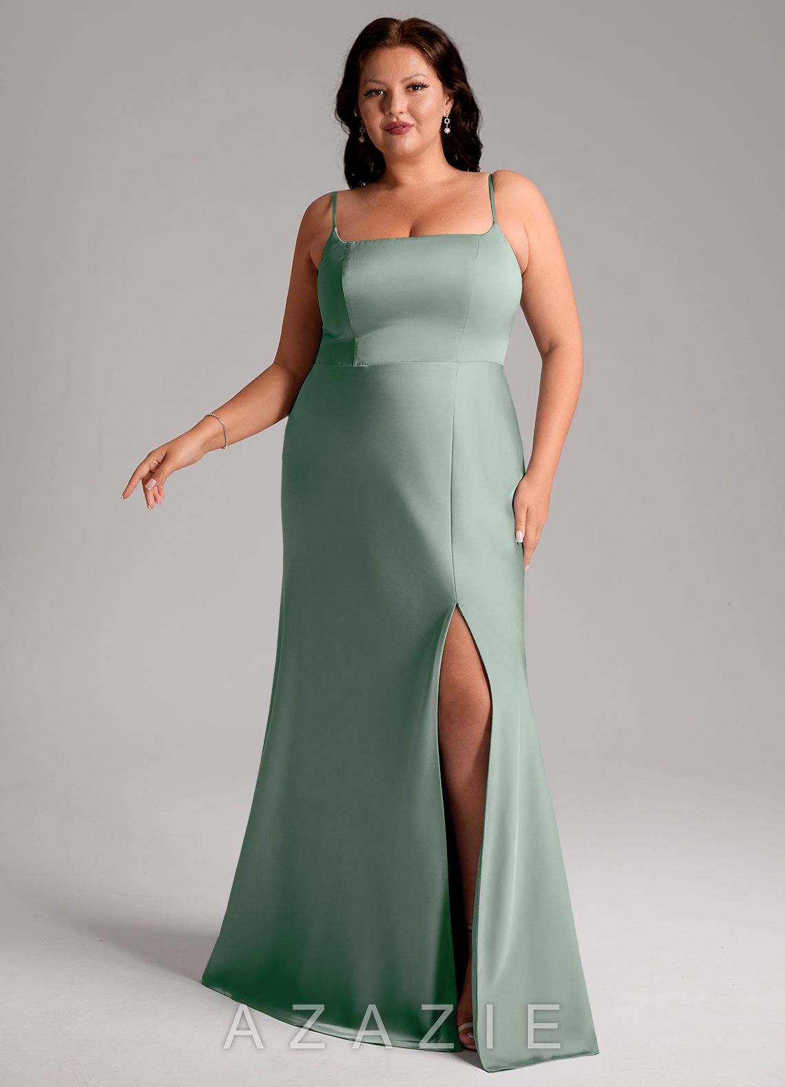 Azazie Lidia Agave Mermaid Side Slit Stretch Satin Dress agave
