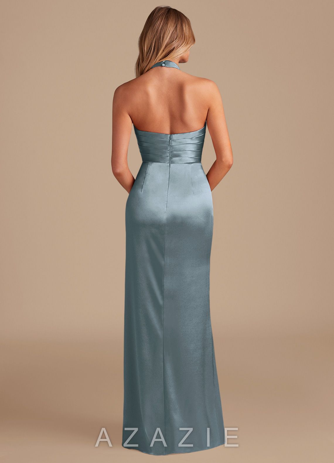 Azazie Jemma Dusty Blue Sheath Pleated Metallic Satin Dress dusty_blue