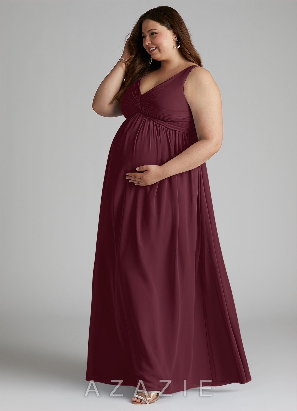 Azazie Yetta A-Line V-Neck Gathered Chiffon Floor-Length Dress