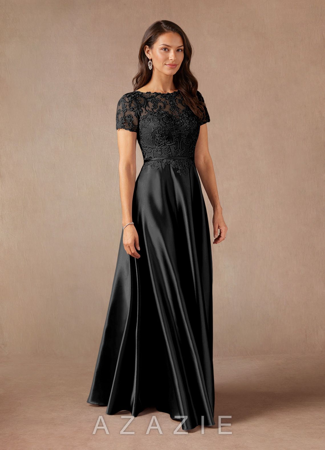 Azazie Adina Black A-Line Lace Metallic Satin Dress black