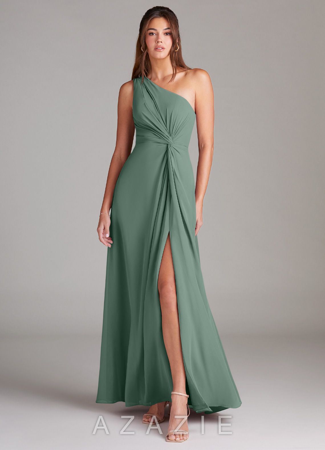 Azazie Brooke Eucalyptus A-Line One Shoulder Chiffon Dress