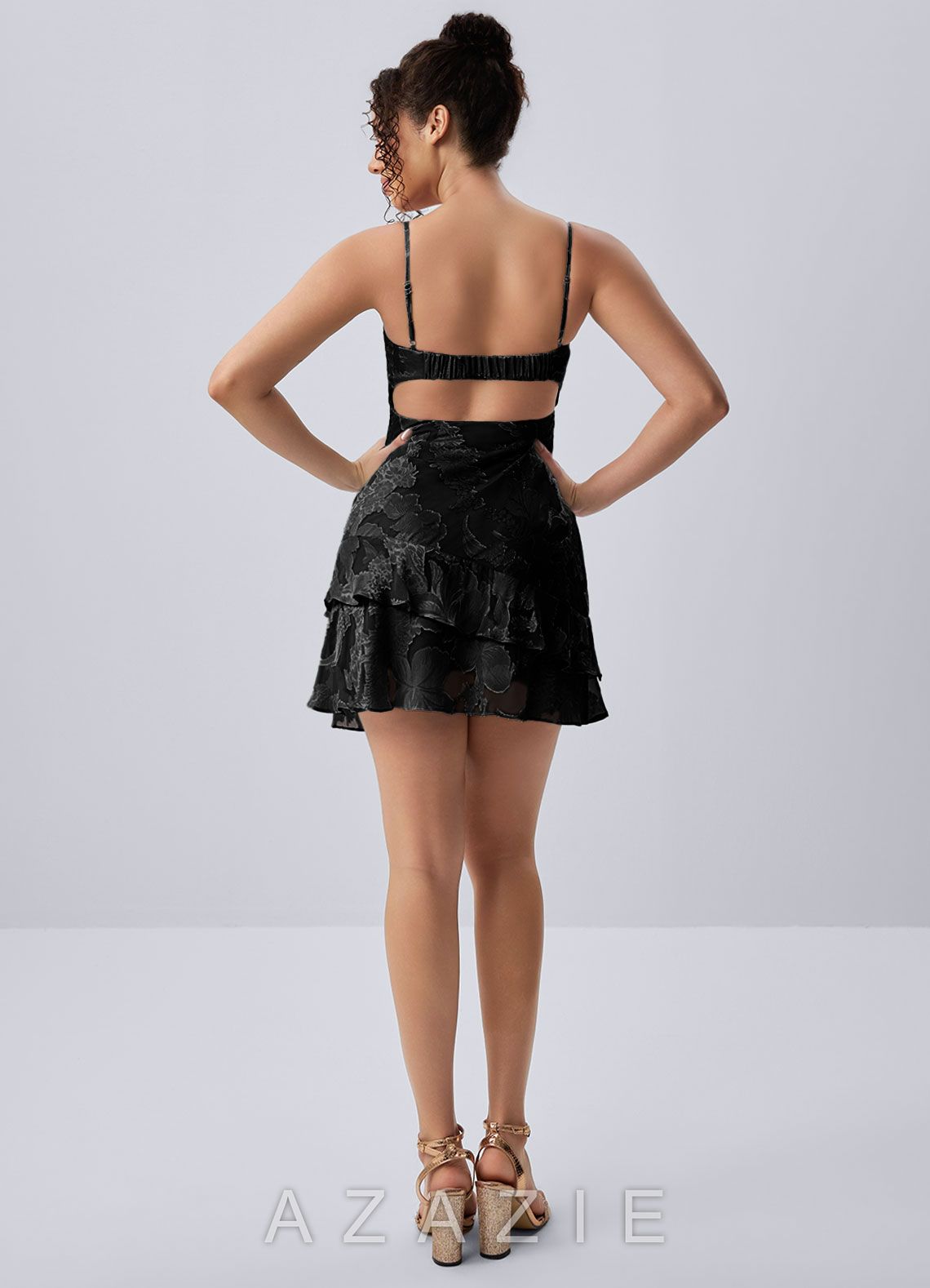 Hortense Black Spaghetti Strap Floral Ruffle Open Back Mini Dress