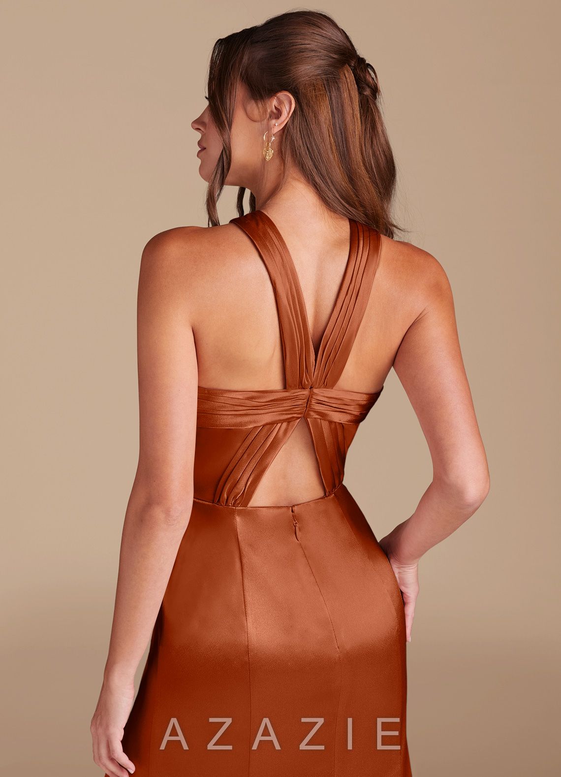 Azazie Rue Auburn Mermaid Pleated Metallic Satin Dress auburn